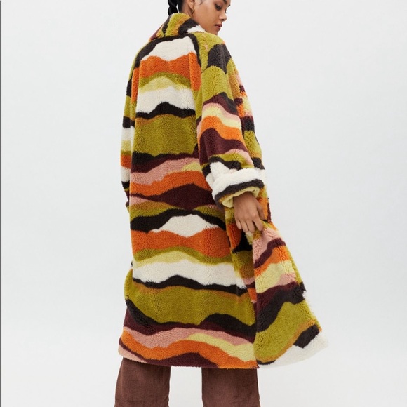NWT UO Teddy Abstract Animal Print Striped Longline Teddy Coat - Picture 2 of 6